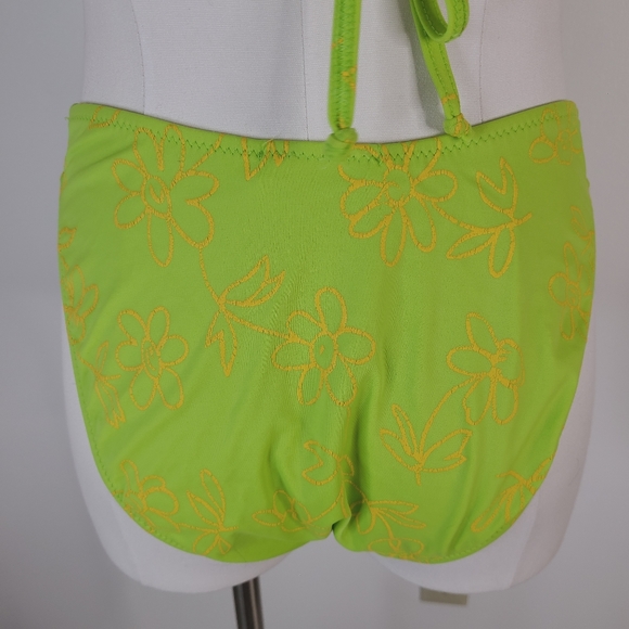 90s Y2K Vintage Neon Green Triangle Floral High Thigh Bikini Swim Suit - Picture 4 of 12